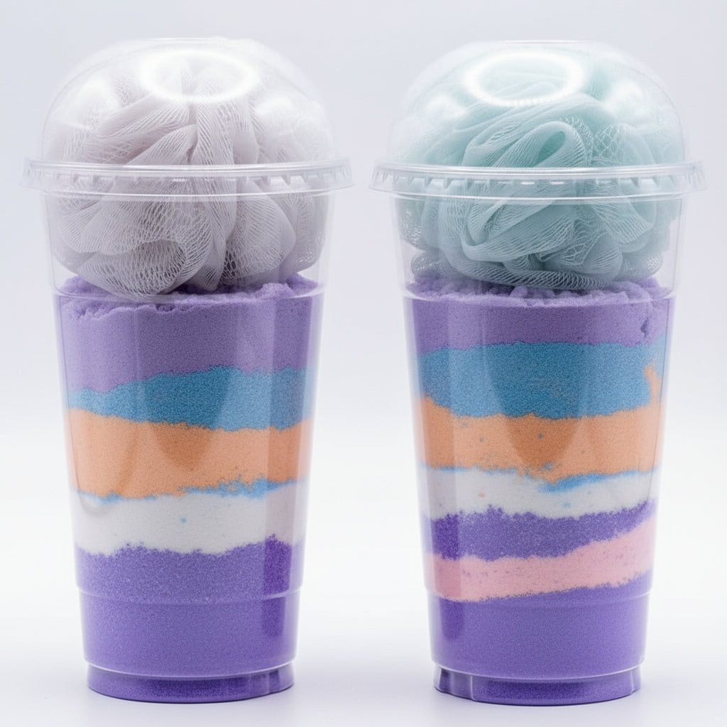 BATH BOMB SMOOTHIE CUPS WITH LOOFAH OR SUGAR SCRUB SCOOP